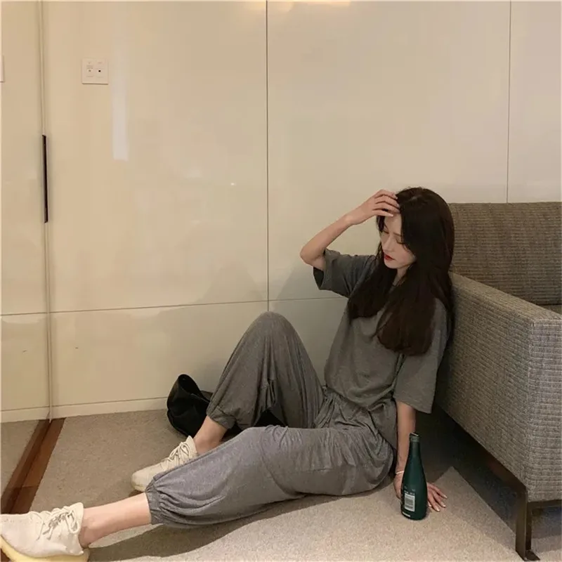 New Gray Loose Long-sleeved Ladies Blouse Long Home Casual Breathable Sweatpants Korean Campus Style All-match Sports Suit Women