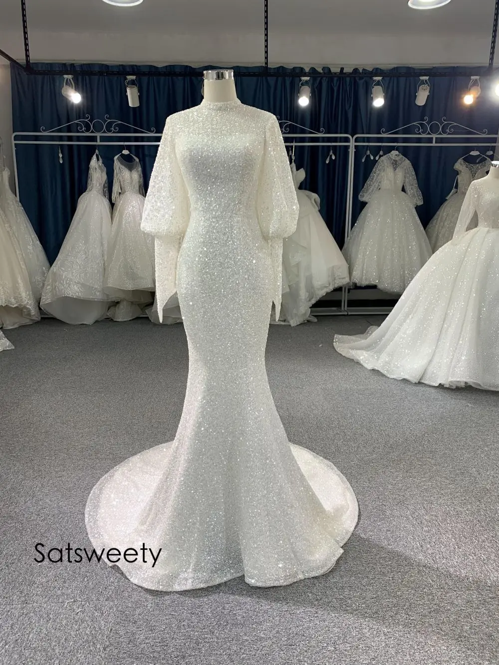 Real Photos Sparky Wedding Dress 2022 Beaded Mermaid Bridal Dresses Customized High Neck Bridal Gown Vestido de Noivas