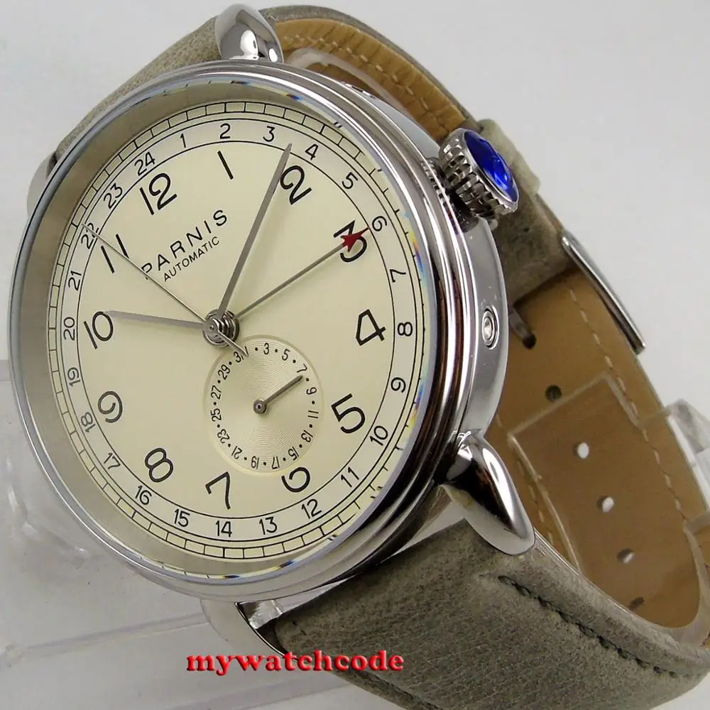 42mm PARNIS off-white ciferník bílá ciferník černá 24 hodin embellished 1690 automatický pohyb men’s hodinky sklo couvat kůže pás