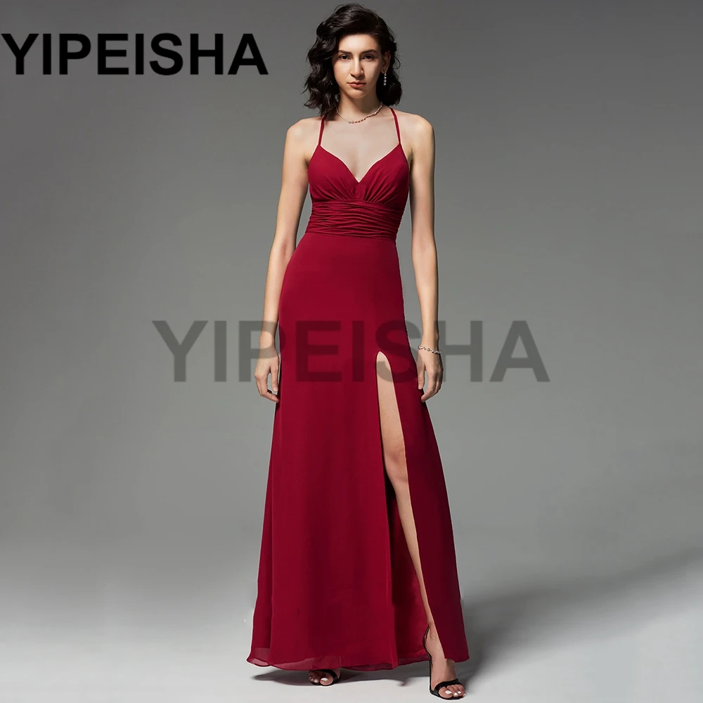 Dekolt w szpic szyfon Spaghetti pasek suknie wieczorowe przód wysoki podział Backless-line Prom suknia wieczorowa vestidos de fiesta فساتين الس