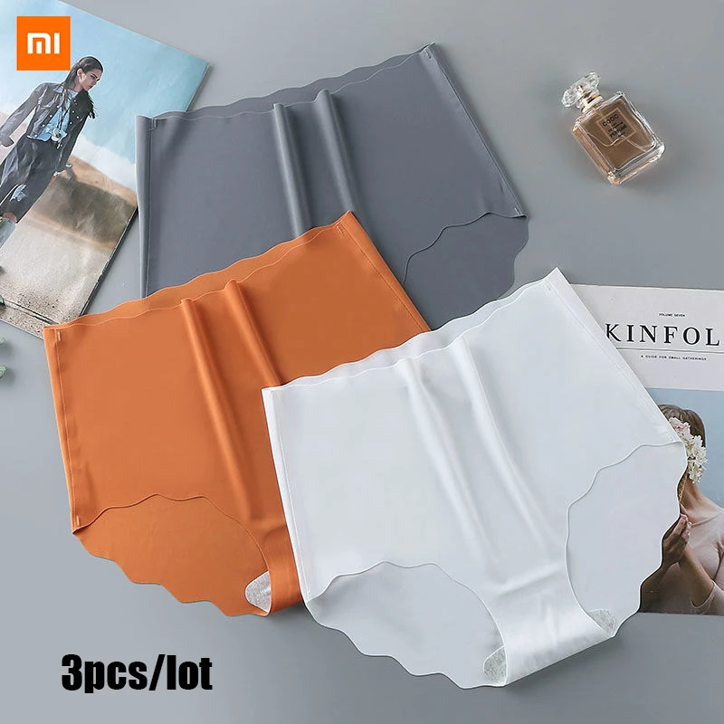 

Бесшовное нижнее белье Xiaomi 3 шт./компл., шелковые женские однотонные трусики, женские трусики с оборками, трусики для девушек, Гладкие сексуальные трусики