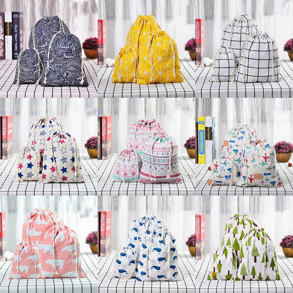 Cotton Linen Drawstring Bag Fabric Pouch Cute Cartoon Print Kids Travel Cloth Shoes Storage Bag Makeup Case Christmas Gift Bag