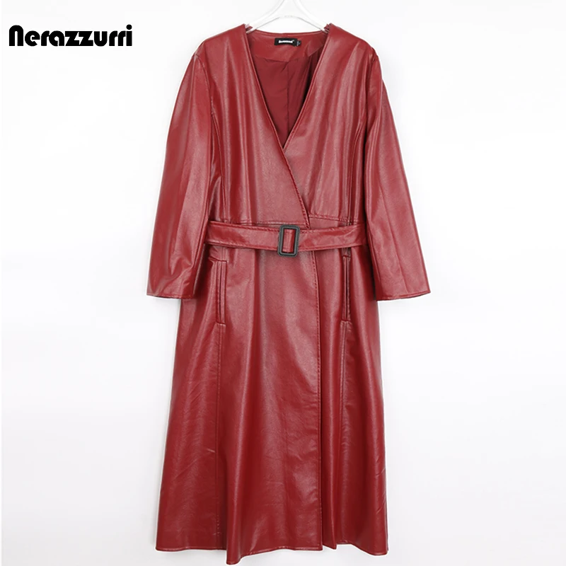 Nerazzurri Spring Autumn Long Pu Leather Trench Coat Women 3/4 Sleeve Deep V Neck Belt Stylish Korean Fashion 4xl 5xl 6xl 7xl