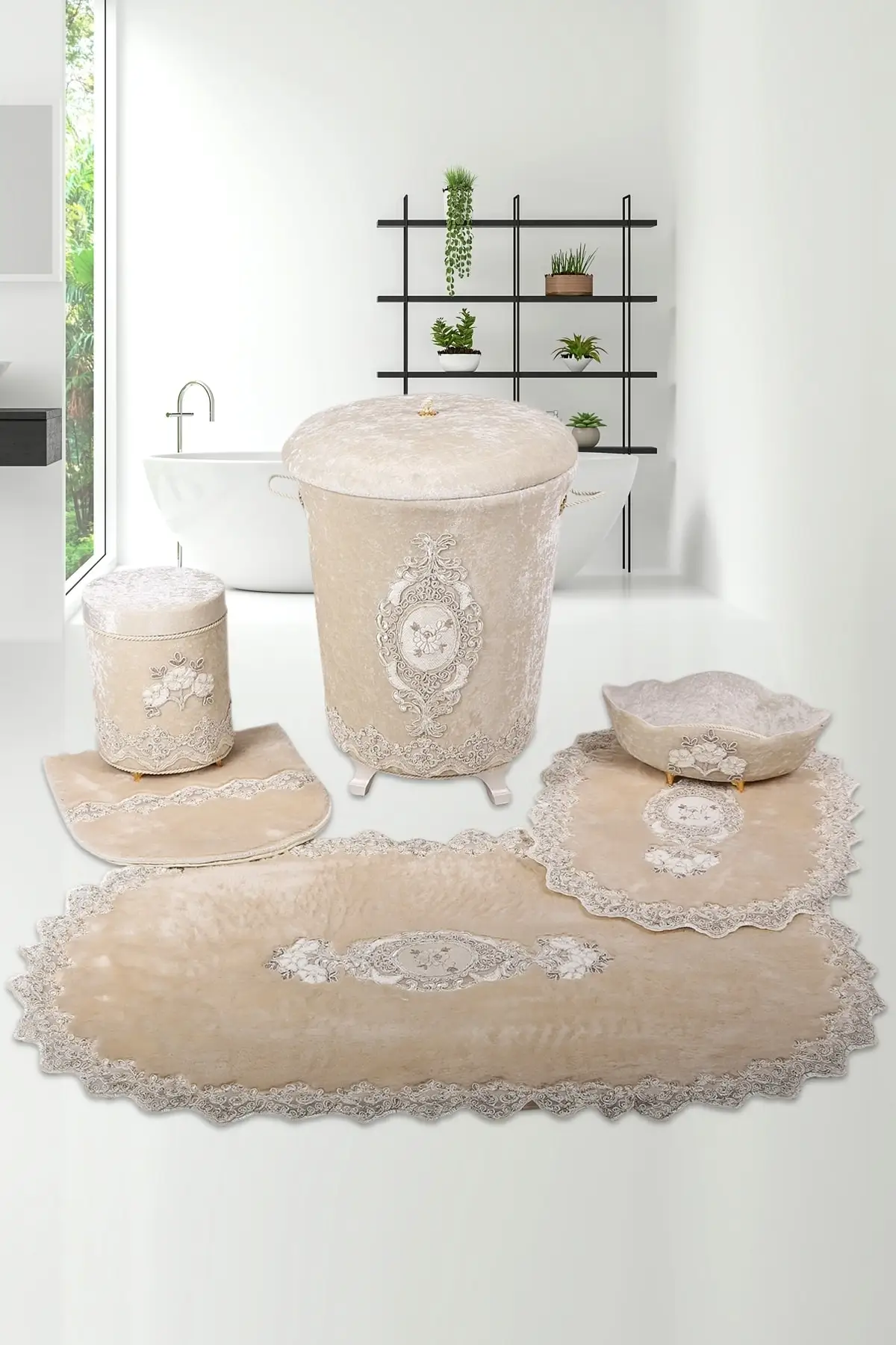 Mink 6 Piece Lacy Bathroom Dirty Laundry Basket Set Bath Mat Set