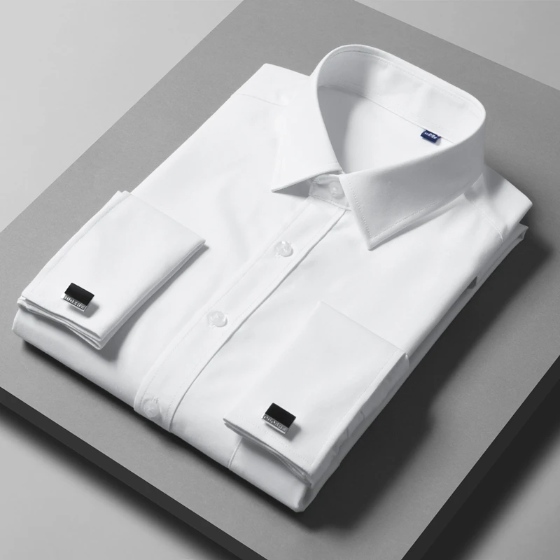 

Large Size Men's Bamboo Fiber Cufflink Shirt High Quality Business Fashion Pure White Party Long-sleeved Shirt Male Brand