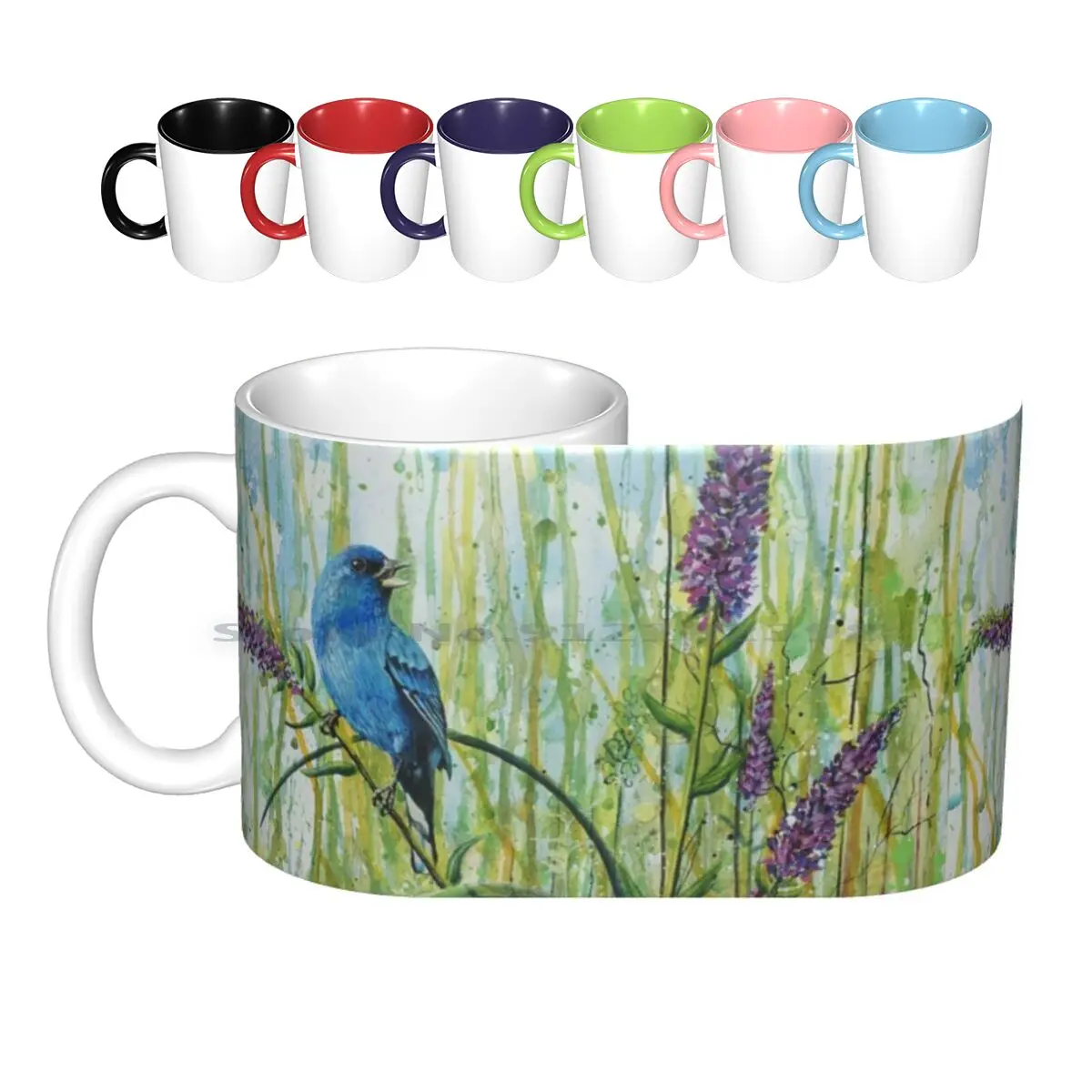 Indigo Bunting Ceramic Mugs Coffee Cups Milk Tea Mug Indigo Bunting Blue Bird Meadow Creative Trending Vintage Gift Bottle Cup