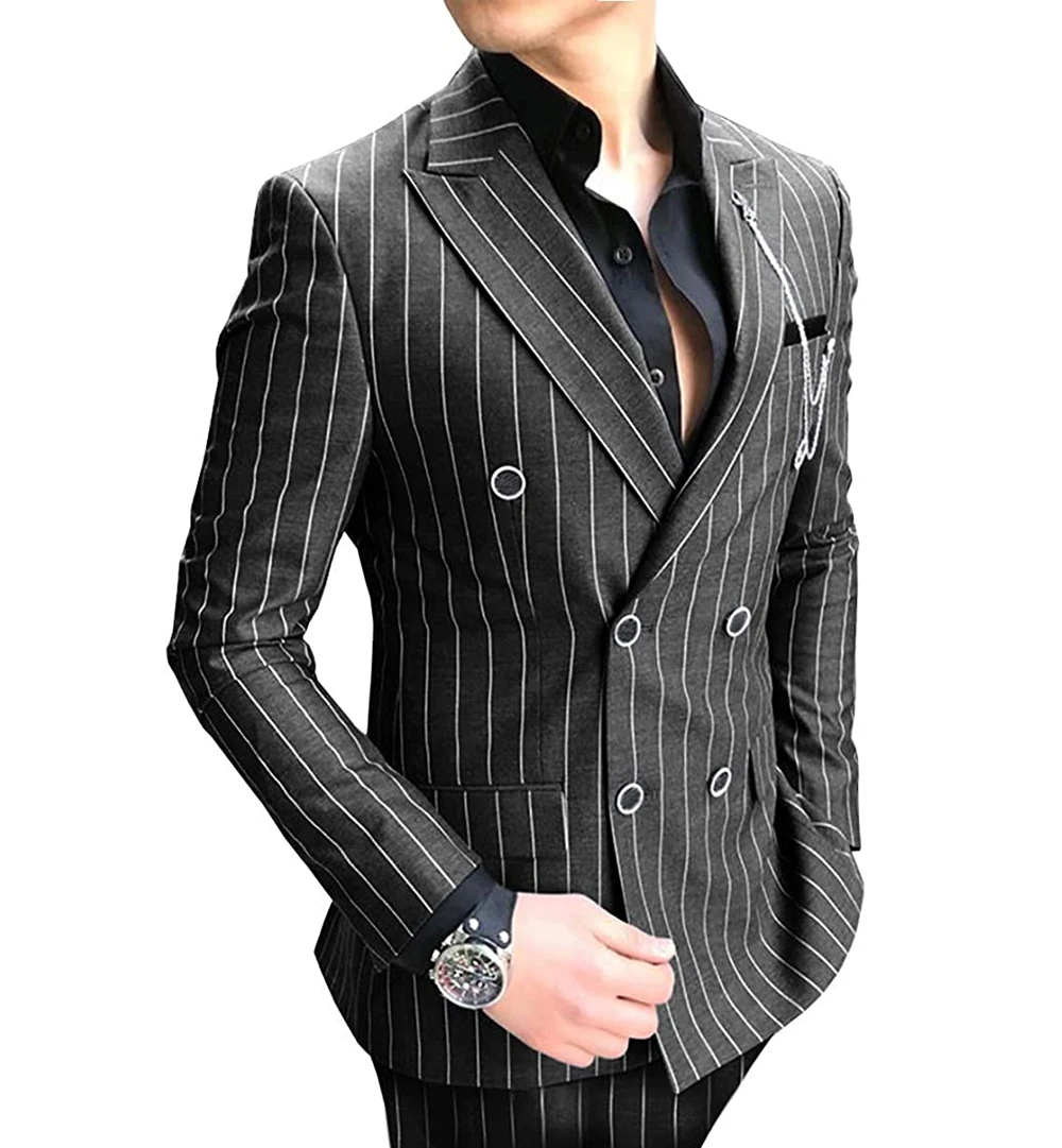 2024 New Silver Men's Striped Suit 2 Pieces Double-breasted Notch Lapel Flat Slim Fit Casual Tuxedos For Wedding(Blazer+Pants)