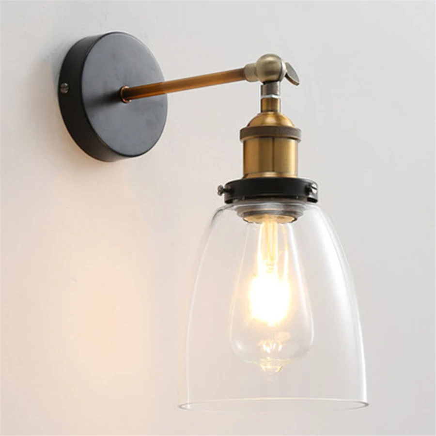 

Industrial Vintage Wall Mount Light Single Sconce Oval Dome Clear Glass Bedside Wall Lamp Shade Iron Art E27 Lighting Fixture