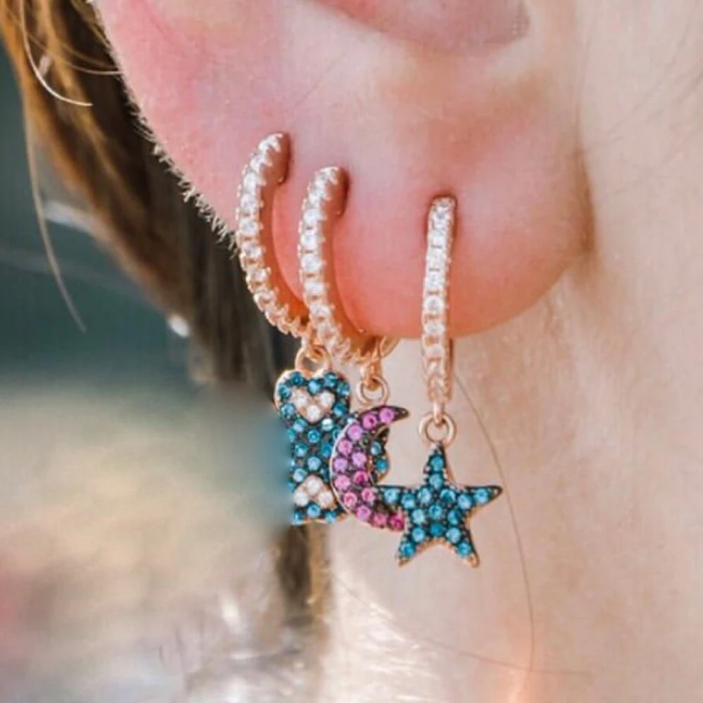 

2025 fine fashion women jewelry blue star red moon drop charm 925 sterling silver classic moon star earring