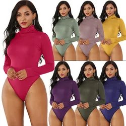 10 cores manga longa macacões de pescoço alto feminino caber tudo-em-um calças outono sólido magro vintage gola alta bodysuit feminino macacão