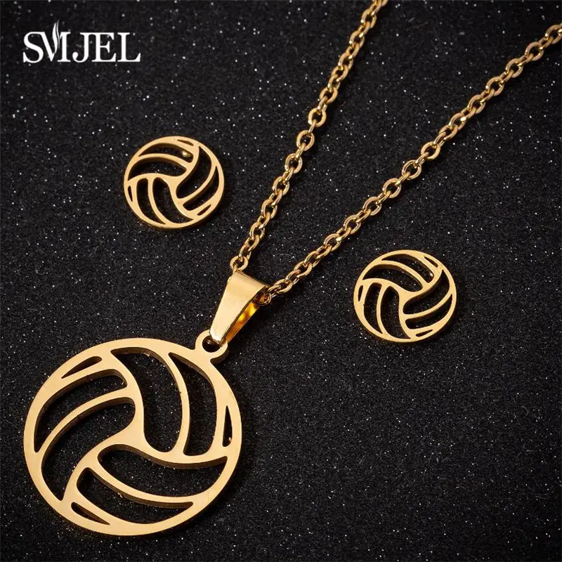 Stainless Steel Volleyball Jewelry Set for Women Minimalist Hollow Ball Shape Necklace Earrings Triangle Accessories Club Gifts