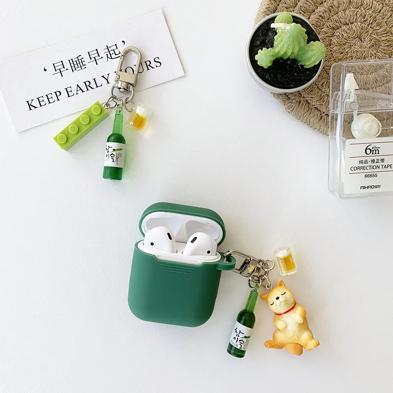 Cute Corgi Dog Beer Keychain Decor Green Headphones Case For Apple AirPods 1 2 Pro 3 Bluetooth Soft Silicone Earphone Case Cover