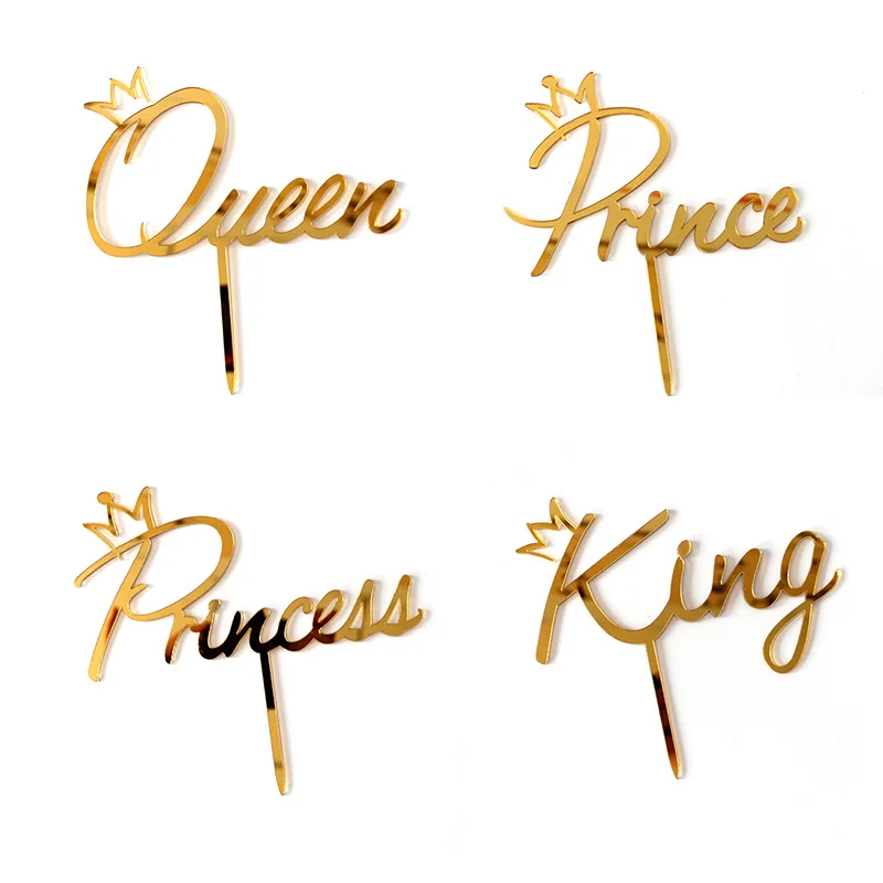 Acrylic King Queen Wedding Cake Topper Gold Prince Princess Happy Birthday Cake Topper For Baby Birthday Party Cake Decorations