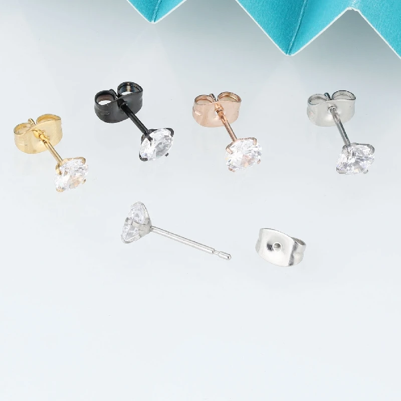Edelstahl-Ohrstecker mit feiner Nadel, 0,8 mm, mit Rückdrückmechanismus, AAA-weiße Zirkonia, Mini-Größen 2/3/4/5/6 mm, IP-beschichtet, allergiefrei. – Detail 1