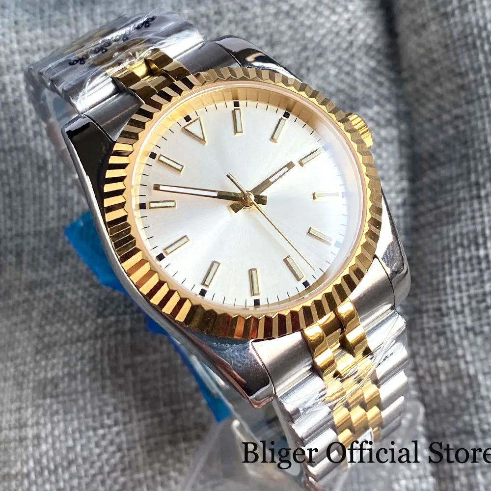 BLIGER-Reloj Automático para hombre, pulsera de cristal con bisel acanalado dorado, 36mm, 39mm, Nologo, NH35A, PT5000, dos tonos