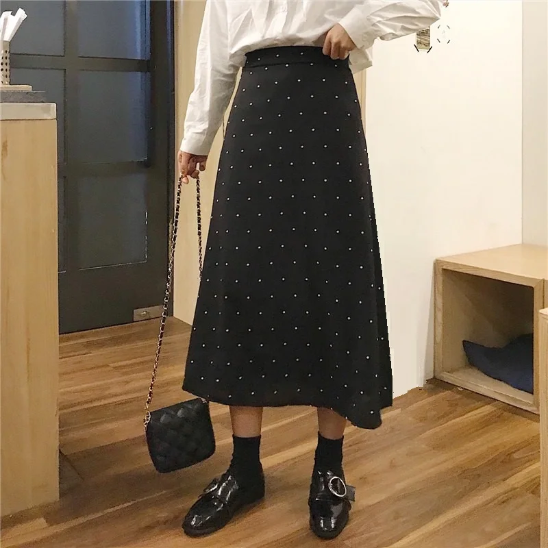 2021 Summer Women Black Polka Dot Chiffon Long Skirt Elegant Lady High Waist Maxi Skirts Casual Boho Beach Vintage Slim Skirt