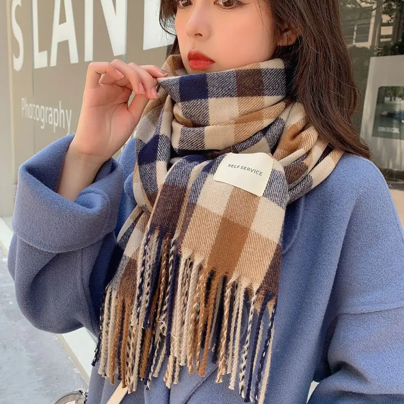 

Cashmere Scarf Female Winter 2021 New Plaid Retro Tide Brand Wild Thick Ladies Scarf Keep Warm Winter Scarf