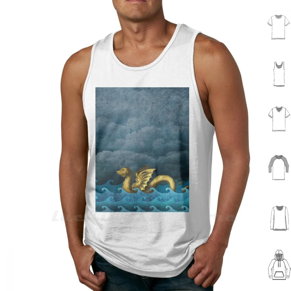 Golden Sea Monster Vest Tank Top Cotton Sleeveless Sea Monster Gold Ocean Creature Dragon Snake Mythology Water Fairy Tale