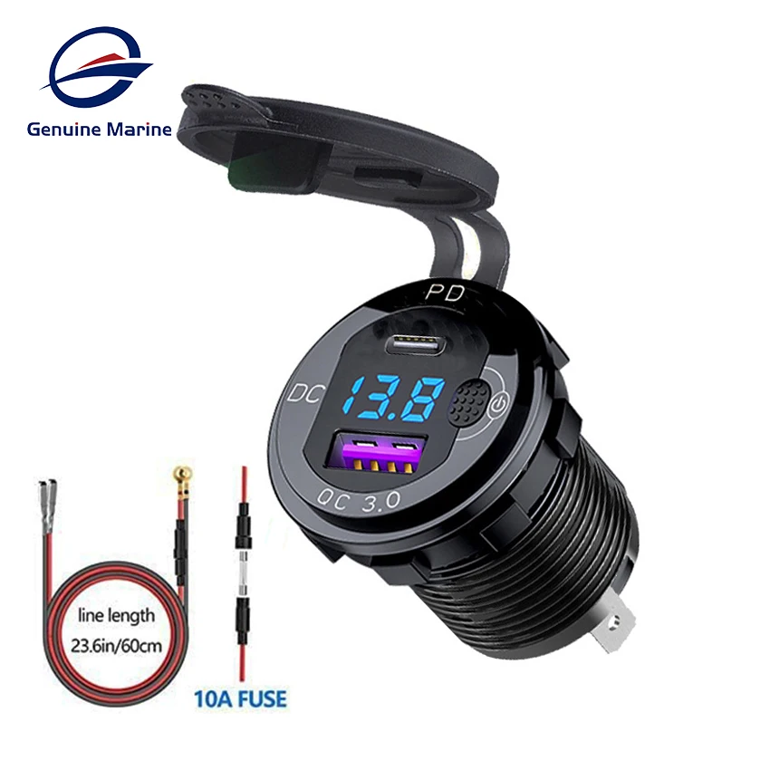 

Quick Car Charger Dual Port Waterproof USB Outlet Fast Charge with LED Voltmeter ON OFF Switch for 12V/24V RV Boat Motor Camper