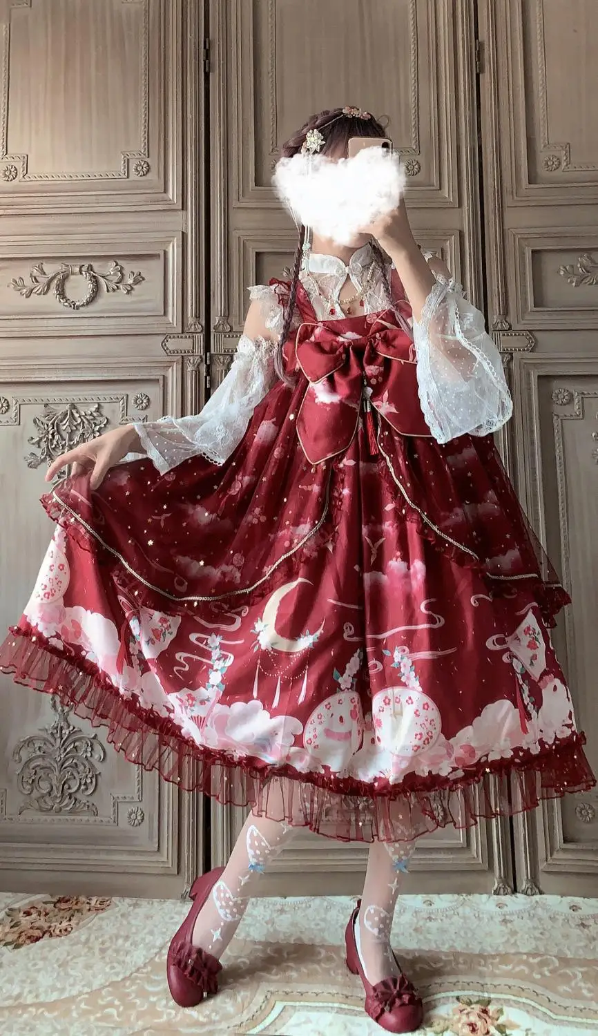 Stile cinese dolce lolita abito vintage di pizzo bowknot sveglio di stampa a vita alta abito vittoriano kawaii ragazza gothic lolita jsk cos