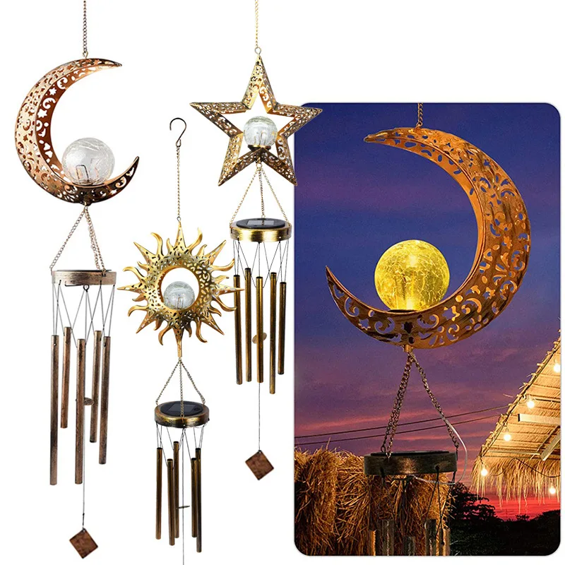 Solar new wrought iron hollow moon wind chime cast light outdoor courtyard garden lawn retro landscape light decoration