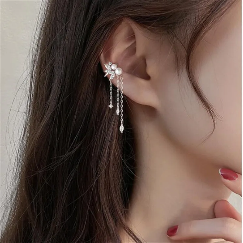 1 Pcs 925 Sterling Silver No-piecing Zircon Tassel Bead Pearl Clip Earring For Women Girl Ear Cuff Jewelry Brincos Bijoux Femme