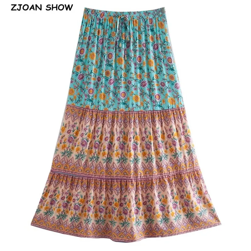 3 Colors Boho Floral Print Long Skirt Contrast color Stitching Ruched Ruffle Hem Holiday Women Adjust Stream Waist Swing Skirts