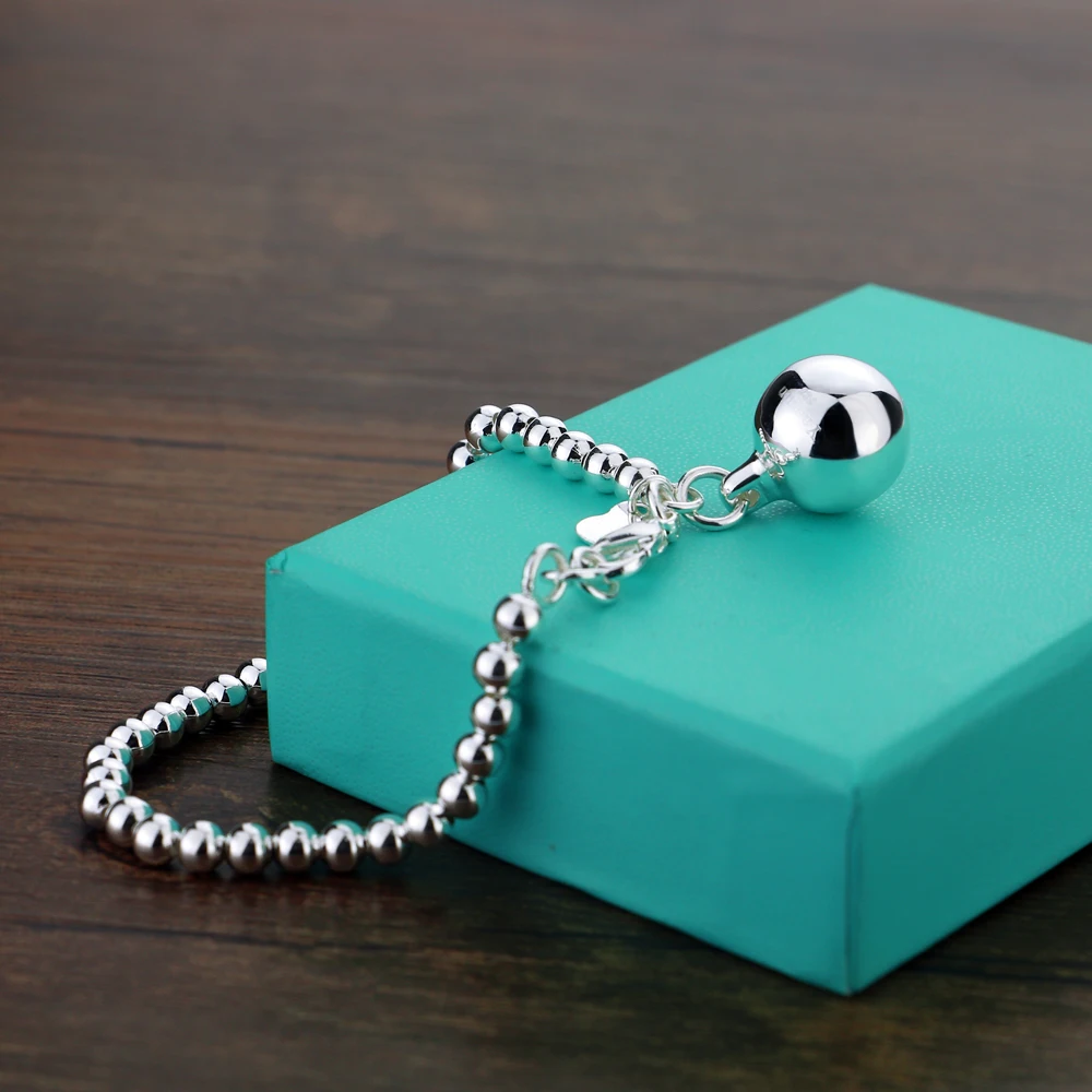 High Quality Simple Ball Bead Bracelet 100% 925 Sterling Silver Heart  Bangle Fashion Woman Girl 15cm/20cm Chain Jewelry