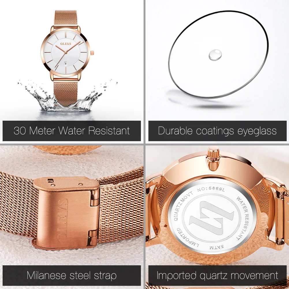 OLEVS-Montre à Quartz Étanche pour Femme, Acier Inoxydable, Or Rose, Coffret Cadeau, Luxe