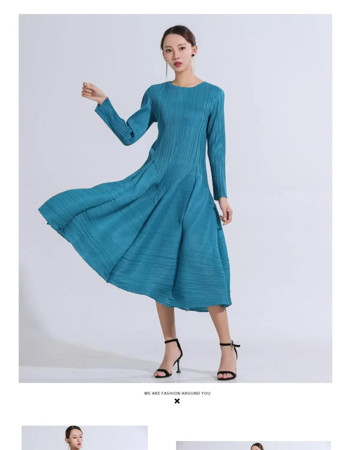 HOT SELLING Miyake fashion solid color dress o-neck long sleeve bud dress IN STOCK