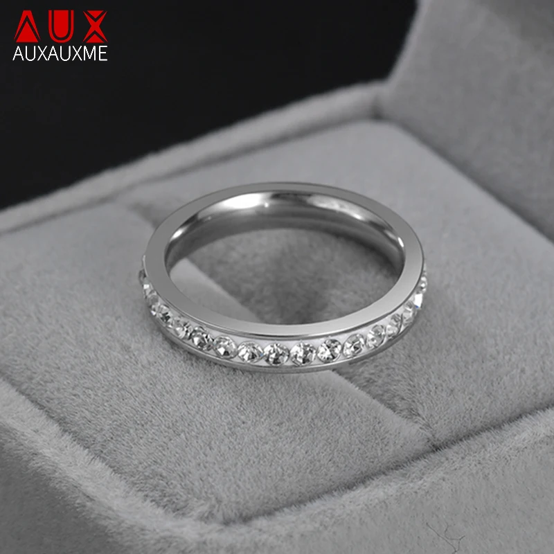 Auxauxme Single Row Line Zircon Wedding Ring For Women Stainless Steel Elegant Engagement Rings For Anniversary Love Jewelry