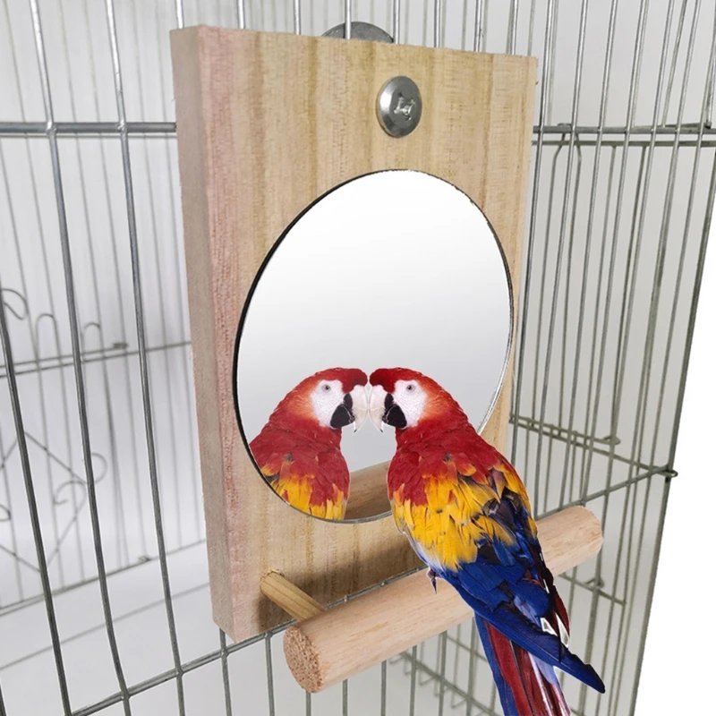 Bird Mirror Toy with Perch Hanging Parrot Wooden Perch Stand Toys for Cockatiels Conures Easy to Install Bird Cage Accessories