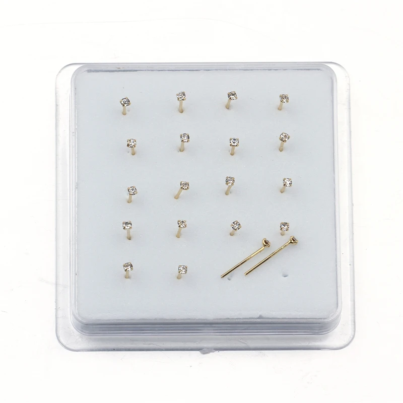 1set 20 Pcs Straight Pin Nose Stud With 1.5mm Crystal Nose Piercing Body Jewelry Nose Studs Rings Piercing Pin Body Jewelry