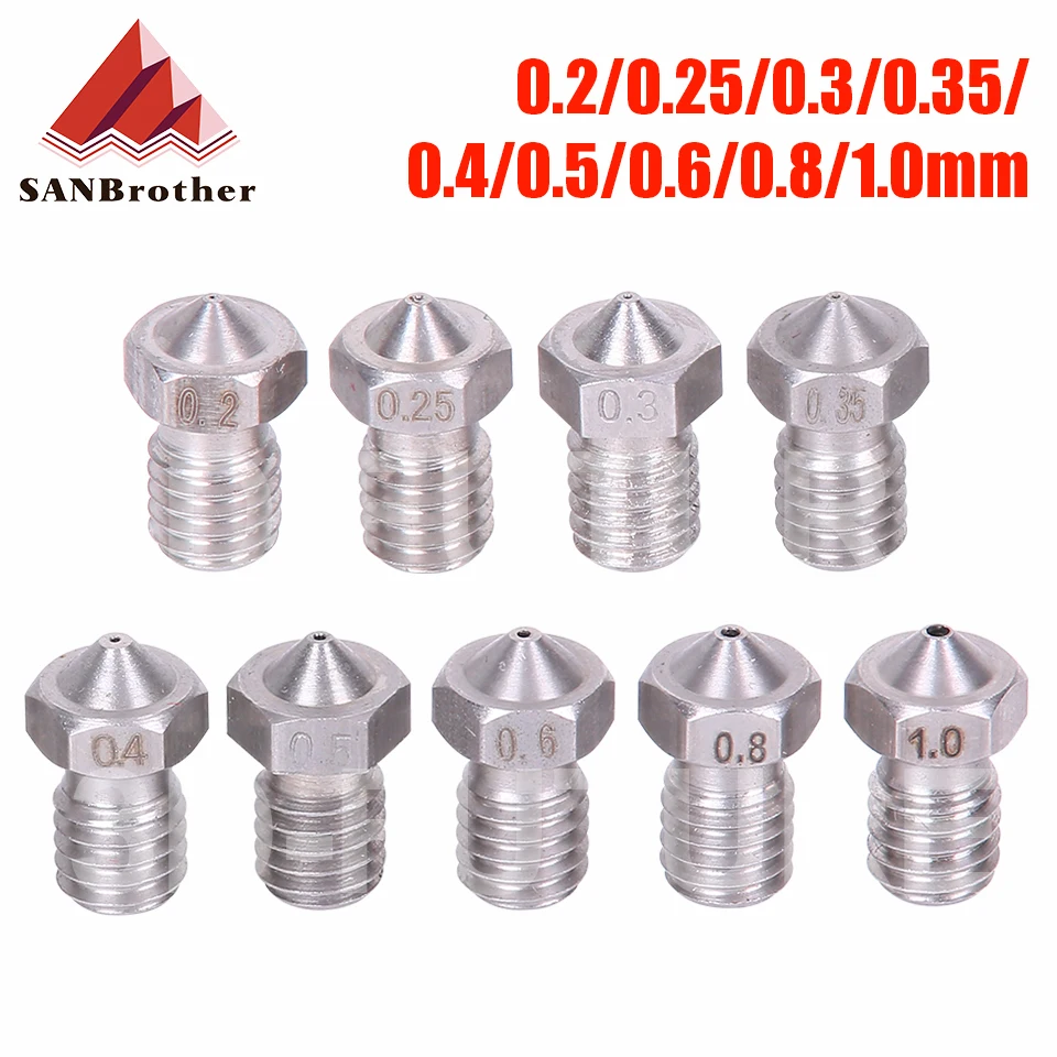 V5 V6 Stainless steel Nozzle 0.2/0.3/0.4/0.5/0.6/0.8mm M6 thread Nozzle for 3D Printer E3d 1.75/3.00MM Extruder Print Head