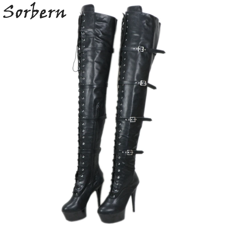 

Sorbern Crotch Thigh High Women Boots Matt Black Custom Slim Wide Legs 15Cm High Heels Platform Shoe Stripper Heels Pole Dance