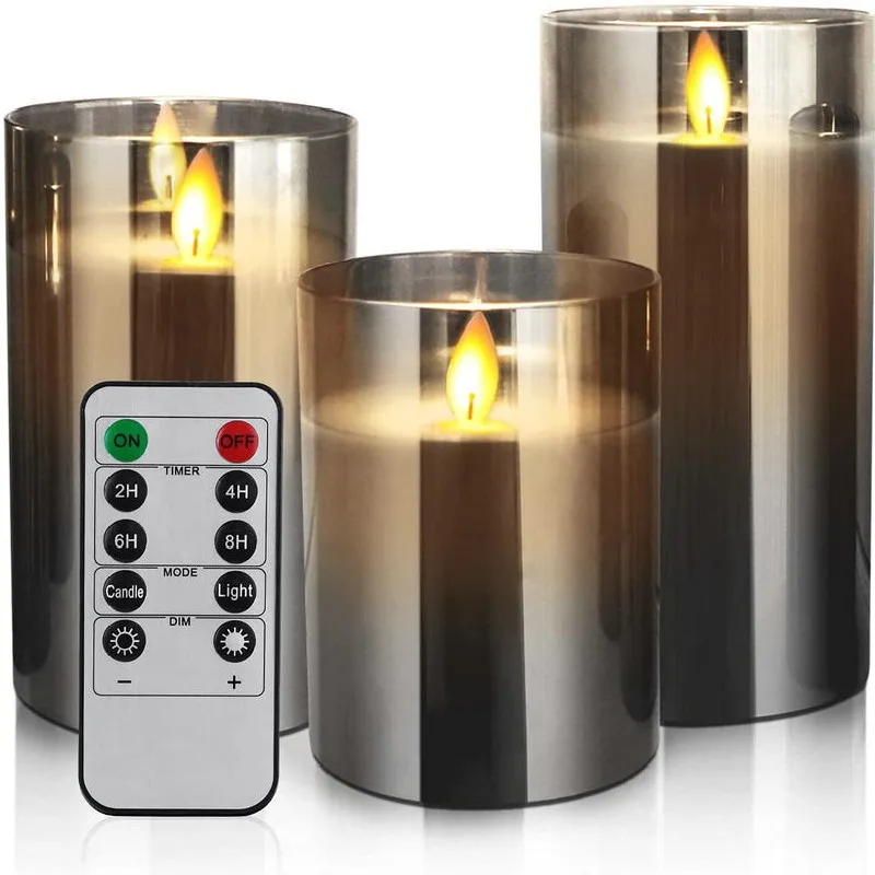 Remote controlled Battery operate Pillar Candle Paraffin Wax LED Glass Candle Dancing Swinging wick Home Bar Decoration-Grey