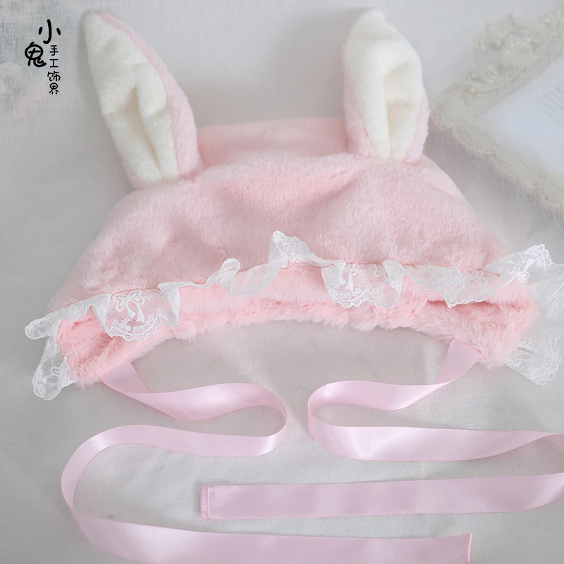 Japanese sweet loppy eared rabbit lei feng\'s cap lace lolita earmuffs cap joker fluffy warm winter hats