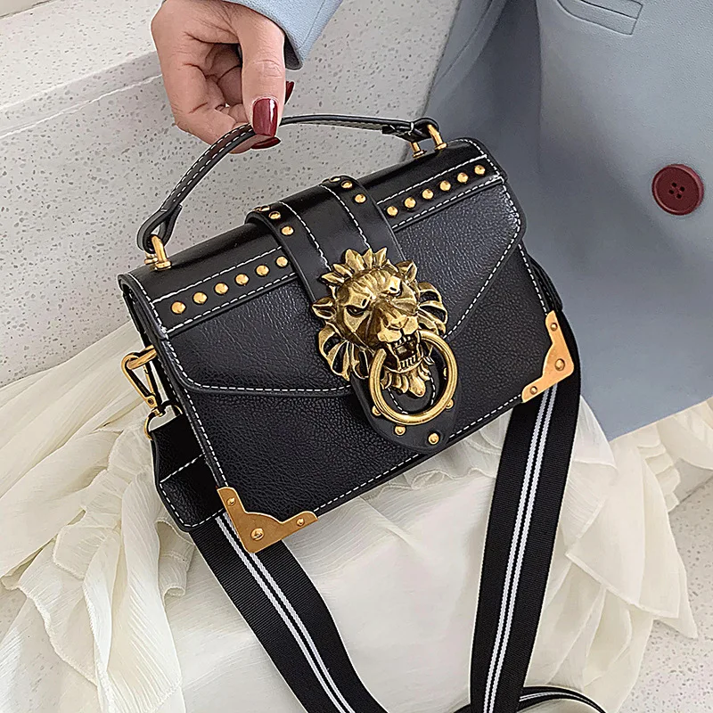 Retro Female Fashion Luxury Girls Handbags Crossbody Bags Woman Metal Lion Head Brand Shoulder Purse Mini Square Messenger Bag