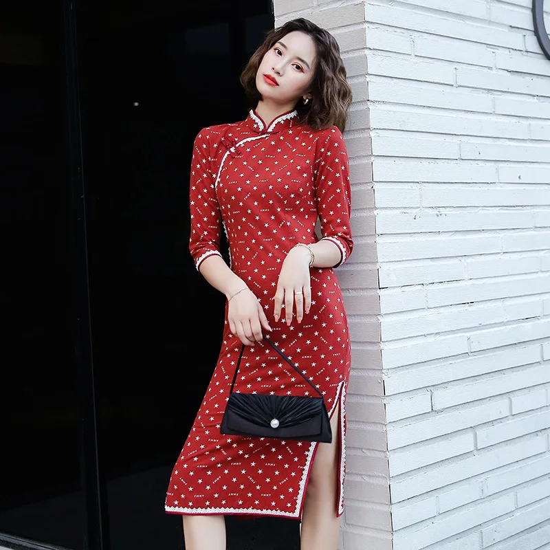 

Young Lady Mandarin Collar Improve Cheongsam Vintage Button Vestidos Red Prom Qipao Sexy Women Evening Party Dress