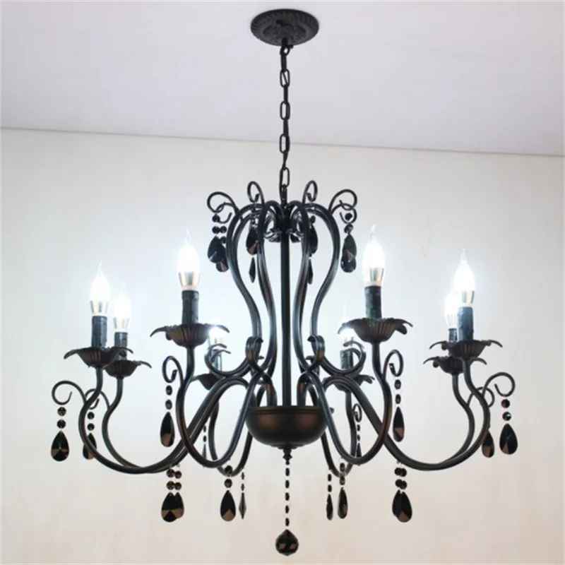 Retro Industrial Chandelier Light European Black White Wrought Iron Lamps with Cystals For Living Room Bar E14 Lustre Luminaria