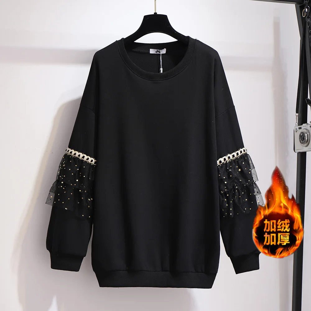 New Autumn Winter Plus Size Women Clothing Tops Large Long Sleeve Loose Cotton Black Velvet Pullover Coat 3XL 4XL 5XL 6XL 7XL