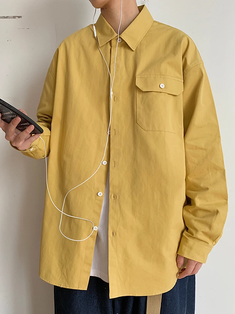 

Simple Design Solid Colors Long Sleeve Shirts Korean Fashion Mandarin Collar 100% White Black Shirt Soft Comfort 2021 pocket