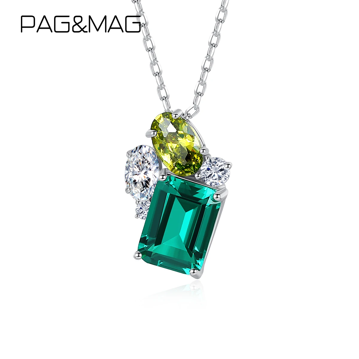 

PAG&MAG Genuine 925 Sterling Silver Green Shining Square Design Cubic Zircon Pendant Necklace For Women Bridal Wedding Jewelry