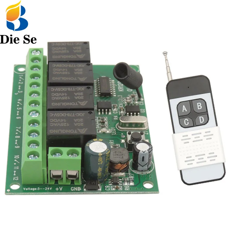 433Mhz RF Switch Wireless Relay Receiver DC 6V 12V 24V 30V 4CH Realy and 500 Meters Transmitter,for Garage/light/Motor