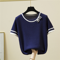 Fashion Bow Short Sleeve Top Women 2024 Summer Knitted Thin Sweater Loose Pullovers Sweaters Ladies Elasticity Pullover Clothes