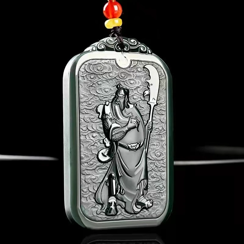 Nice Hetian Jadeite Pendant Amulet Hand Carved Guangong Churinga Hanging Necklace Guanyu Talisman