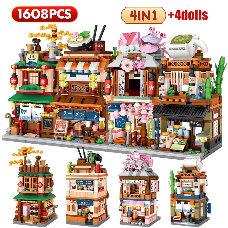 Mini City Street View Noodle Shop casa de bloques de construcción 4 en 1 arquitectura japonesa amigos figuras ladrillos juguetes para niños