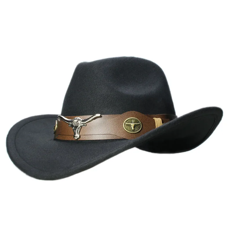 Mistdawn Fashion Bull Ox Head Leather Band Vintage Women Men Wool Wide Brim Cowboy Western Hat Cowgirl Formal Bowler Cap 58cm