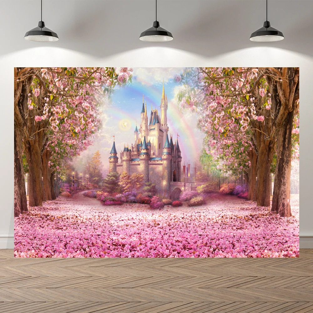 NeoBack Spring Pink Sakura Fairy Tale Castle Birthday Banner Children Photocall Backgrounds Photo Studio Photography Backdrop