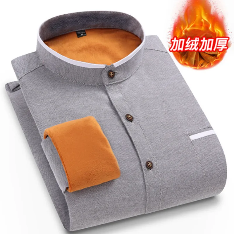

Рубашка мужская с воротником-стойкой, теплая плюшевая сорочка с длинным рукавом, повседневная классическая из ткани Оксфорд, Осень-зима
